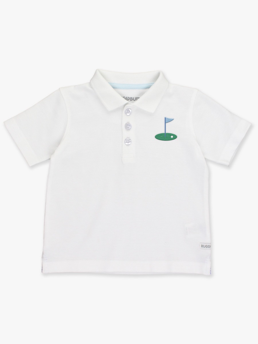 Blue Golf Hole Embroidered White Pique Short Sleeve Polo Shirt