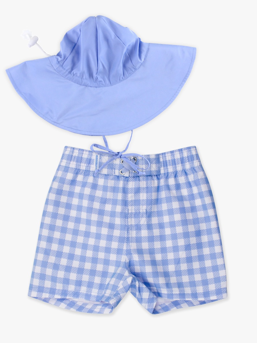 Periwinkle Blue Sun Protective Hat + Periwinkle Blue Gingham Swim Trunks Set