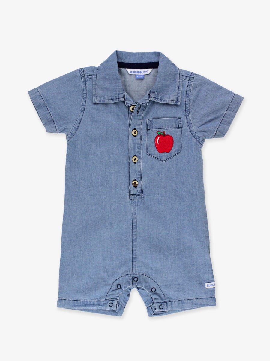 Red Apple Embroidered Boys' Light Wash Denim Button-Up Romper