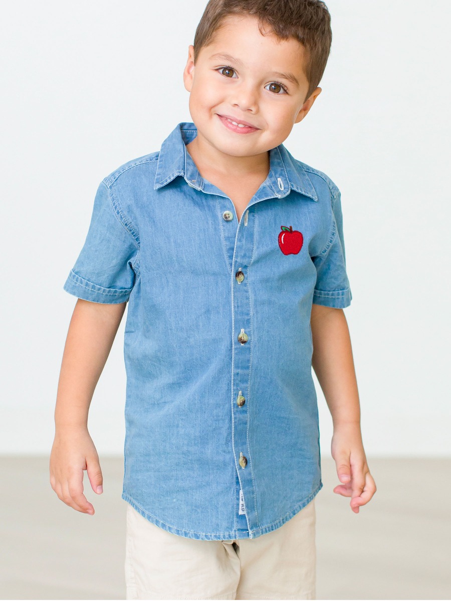 Red Apple Embroidered Light Wash Short Sleeve Button Down Shirt