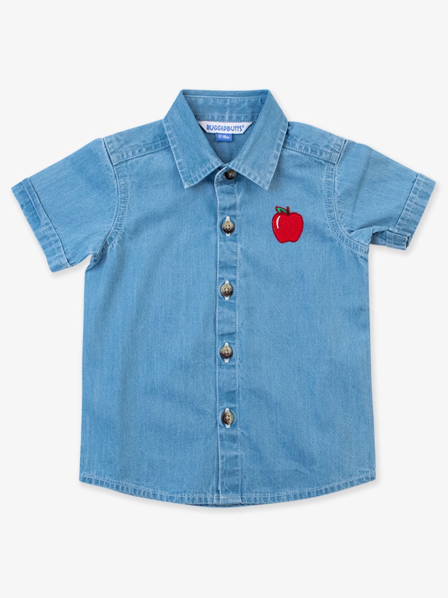Red Apple Embroidered Light Wash Short Sleeve Button Down Shirt