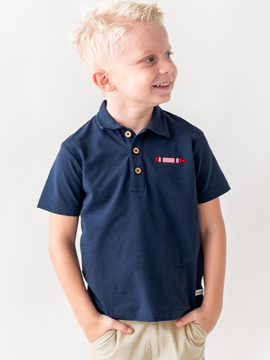 Crayon Embroidered Dark Navy Short Sleeve Polo