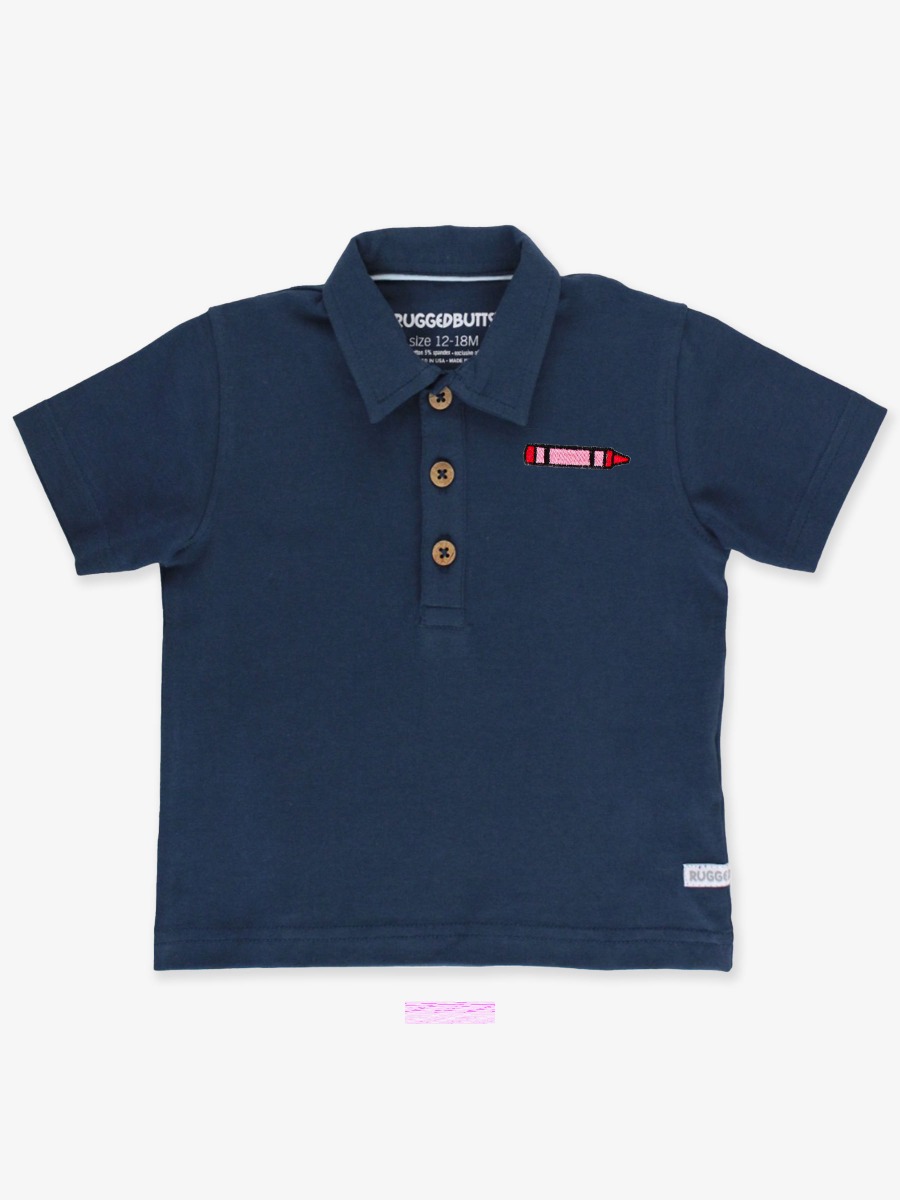 Crayon Embroidered Dark Navy Short Sleeve Polo