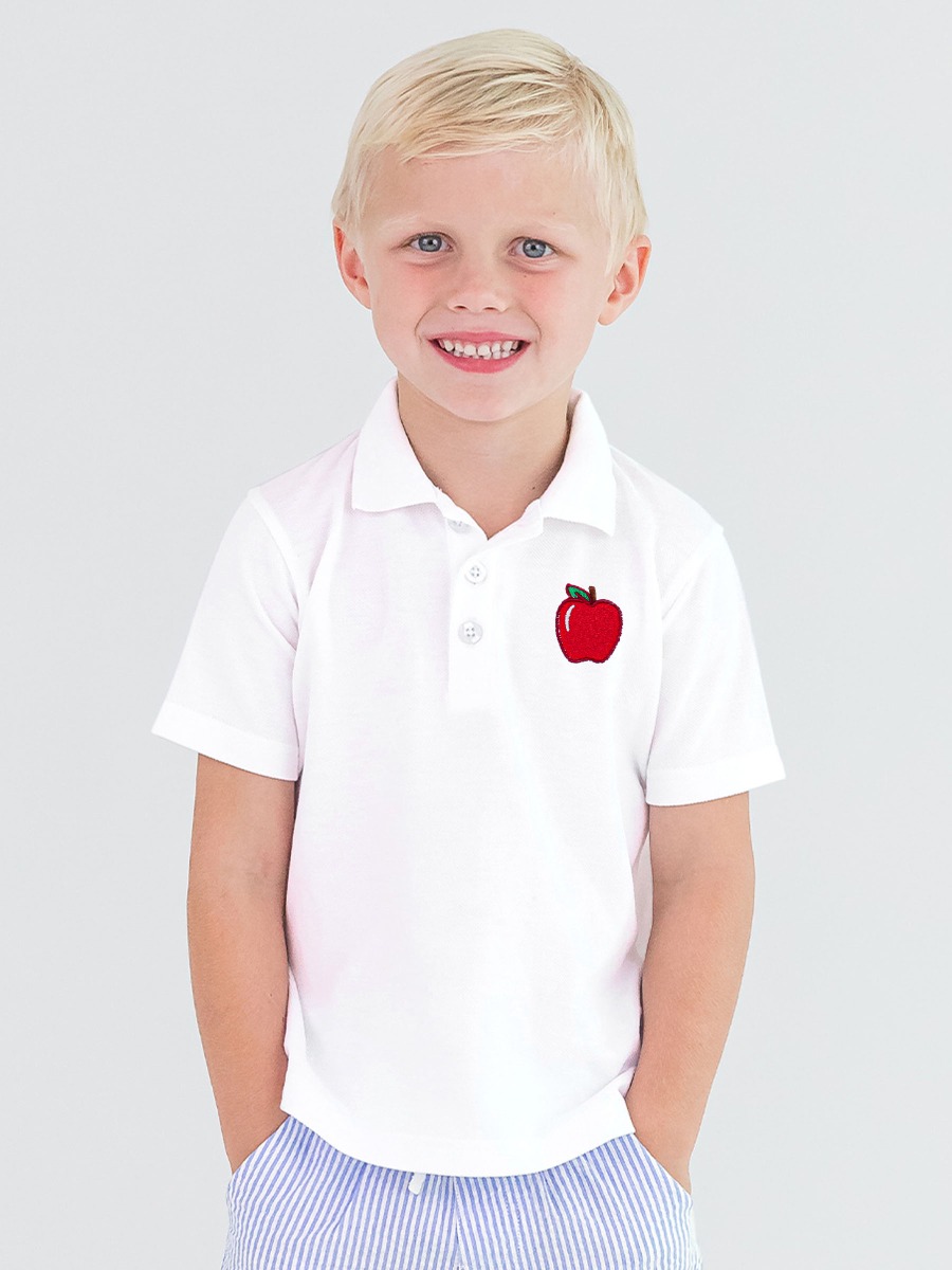 Red Apple Embroidered White Pique Short Sleeve Polo Shirt