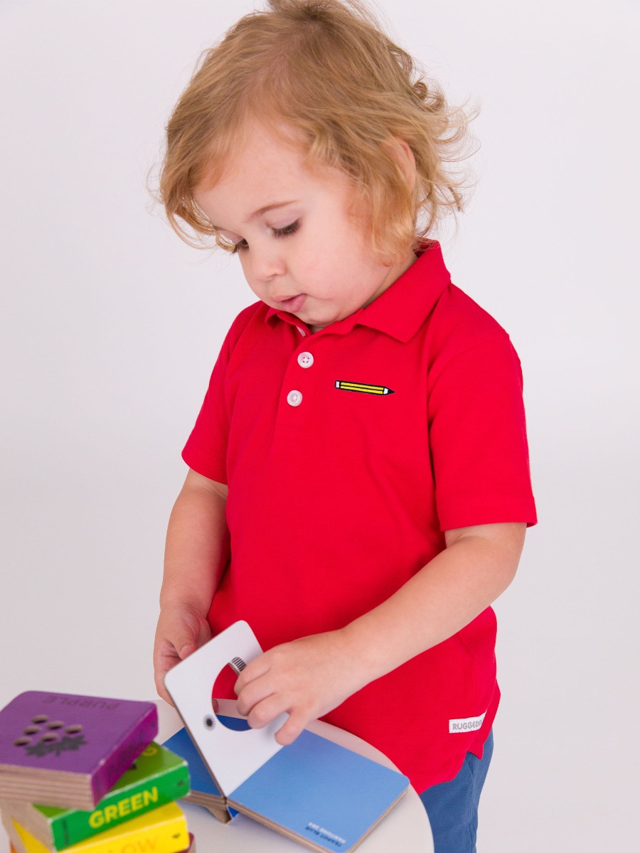 Pencil Embroidered Red Pique Short Sleeve Polo Shirt