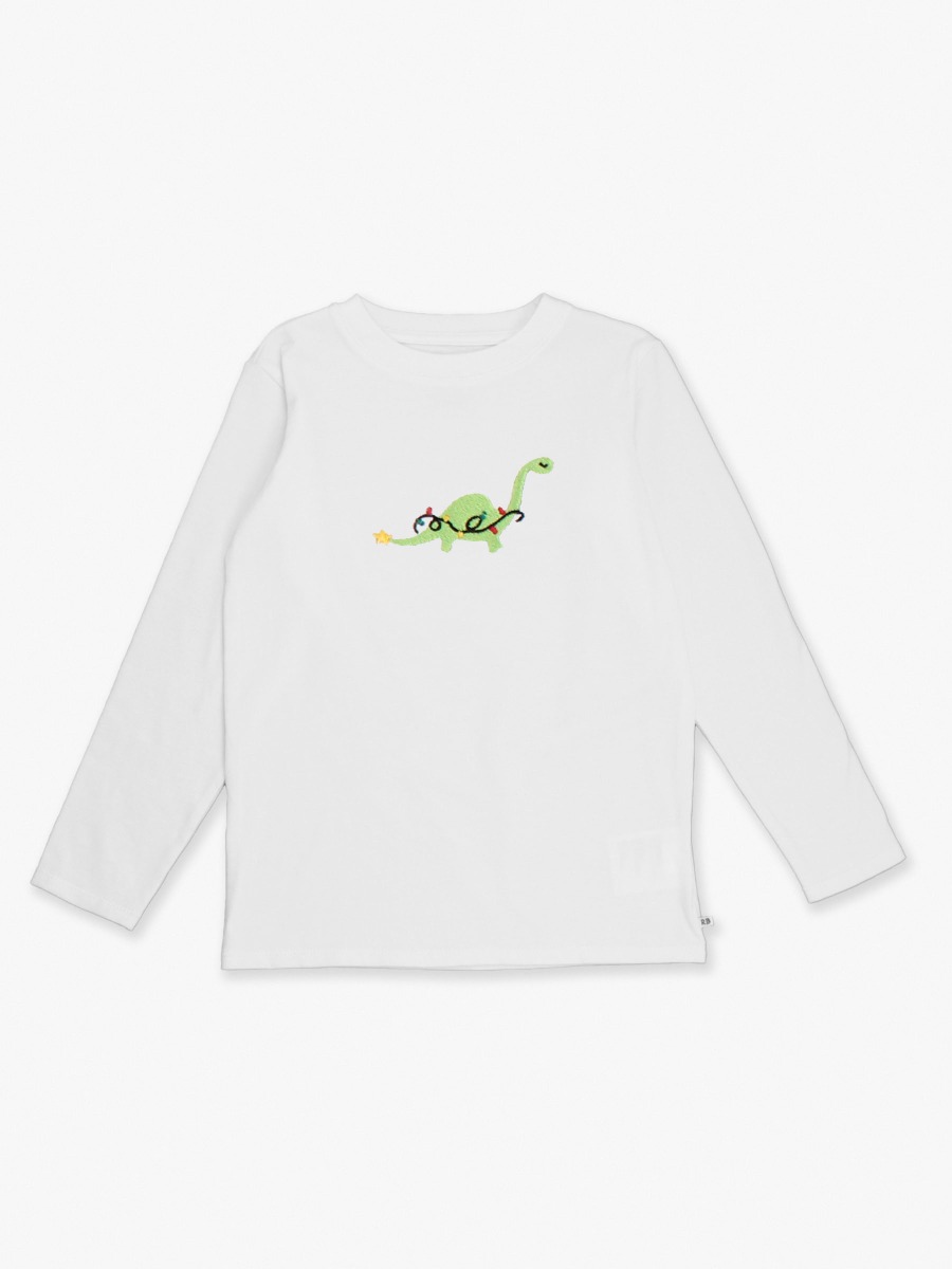 Line drawing of Holiday Dino Embroidered White Long Sleeve Basic Tee. A dotted circle indicates the approximate location for personalization.