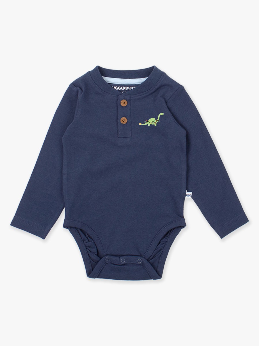 Line drawing of Holiday Dino Embroidered Dark Navy Knit Long Sleeve 2-Button Henley Bodysuit. A dotted circle indicates the approximate location for personalization.