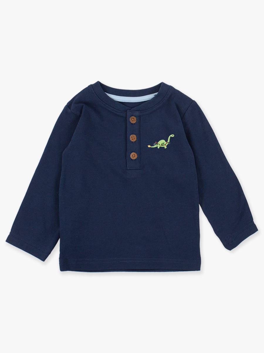 Line drawing of Holiday Dino Embroidered Dark Navy Knit Long Sleeve Henley Tee. A dotted circle indicates the approximate location for personalization.