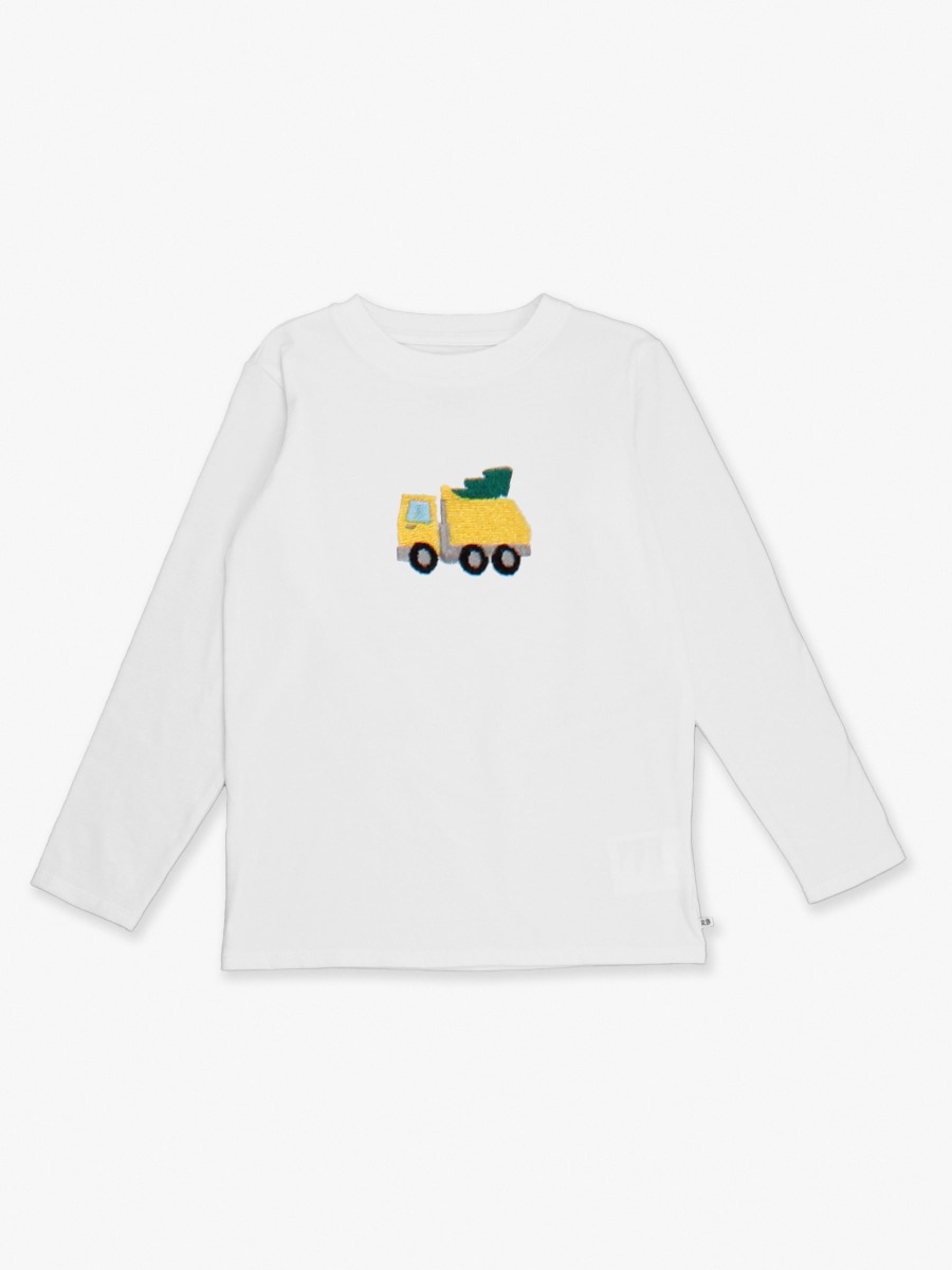 Line drawing of Holiday Dump Truck Embroidered White Long Sleeve Basic Tee. A dotted circle indicates the approximate location for personalization.