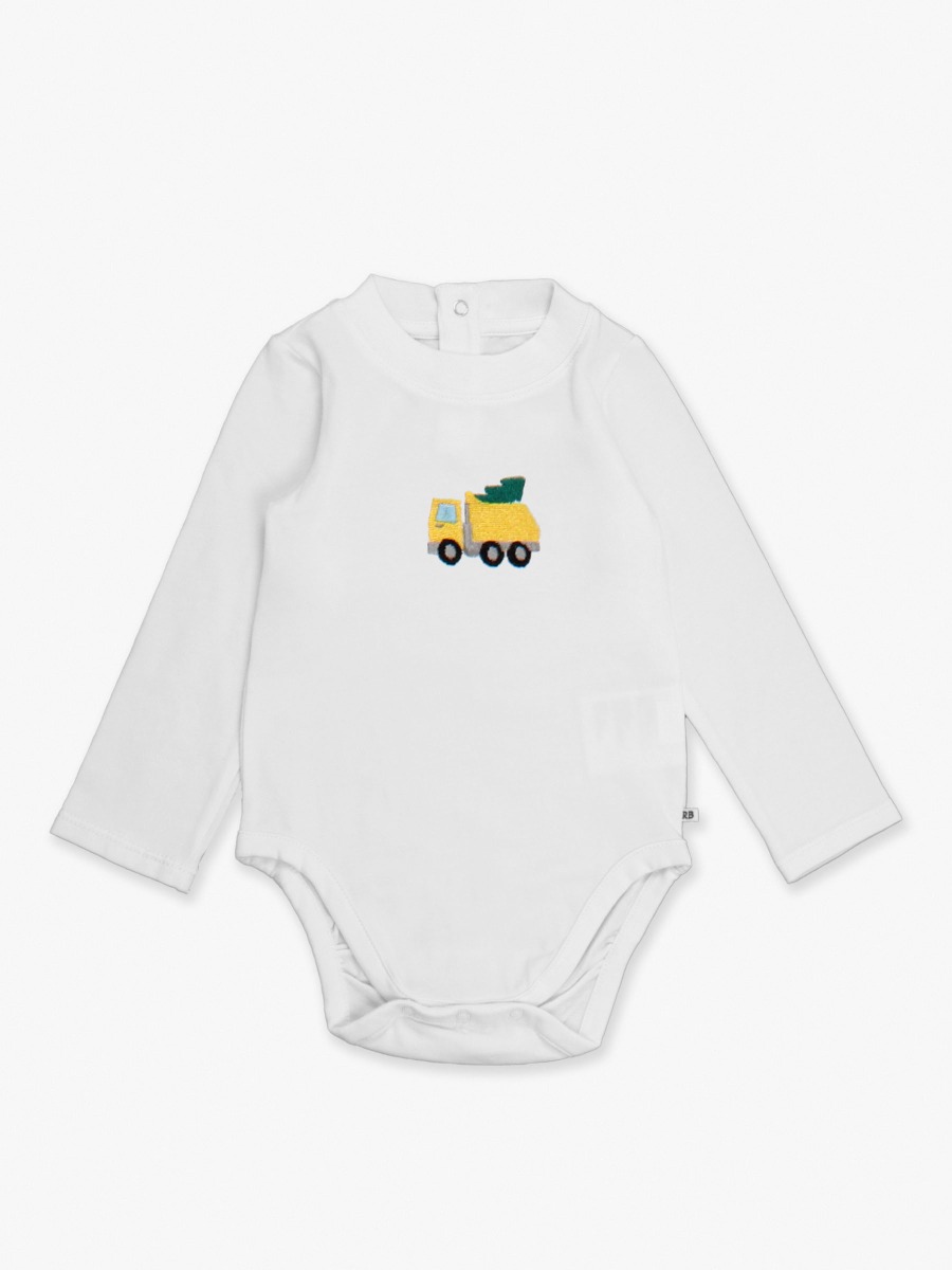 Line drawing of Holiday Dump Truck Embroidered White Long Sleeve Basic Bodysuit. A dotted circle indicates the approximate location for personalization.