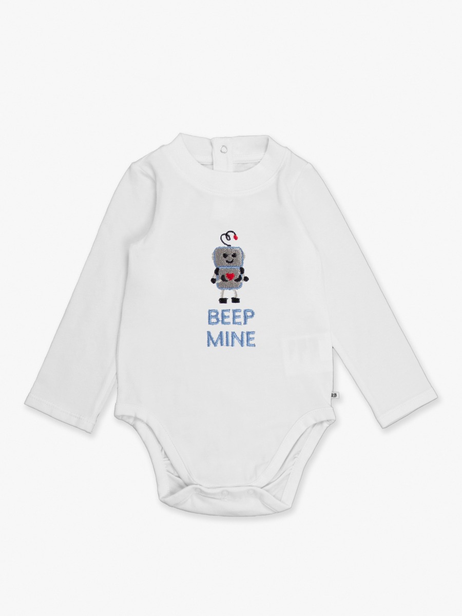 Line drawing of Beep Mine Embroidered White Long Sleeve Basic Bodysuit. A dotted circle indicates the approximate location for personalization.