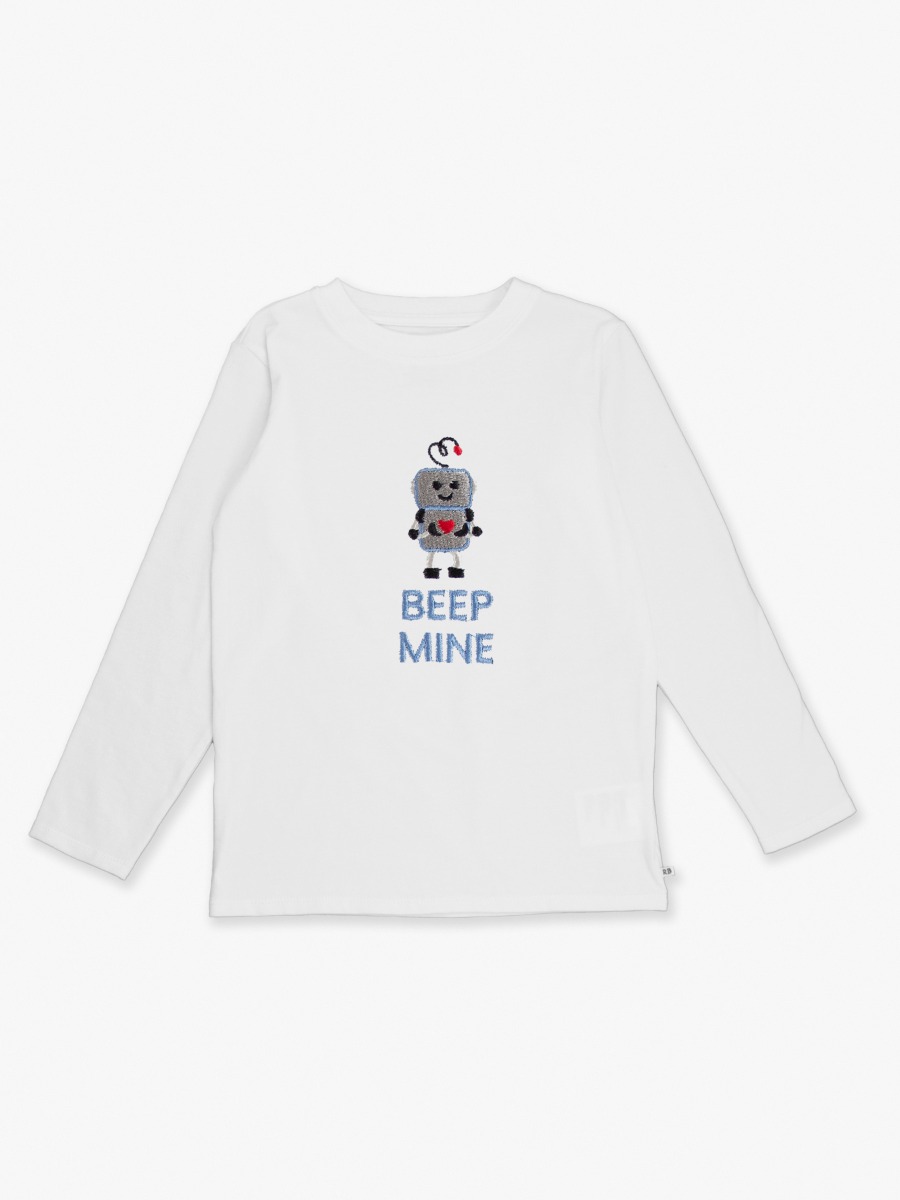 Line drawing of Beep Mine Embroidered White Long Sleeve Basic Tee. A dotted circle indicates the approximate location for personalization.
