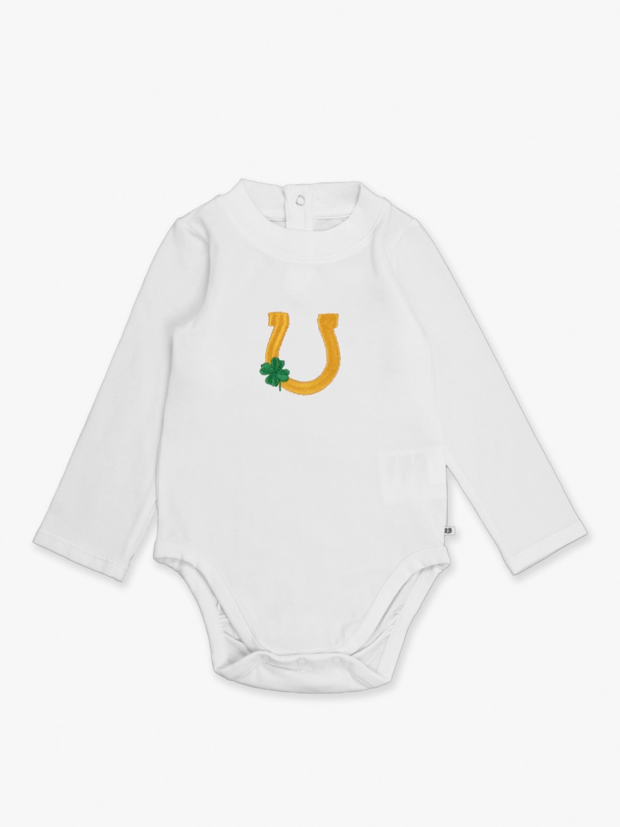 Line drawing of Lucky Horseshoe Embroidered White Long Sleeve Basic Bodysuit. A dotted circle indicates the approximate location for personalization.