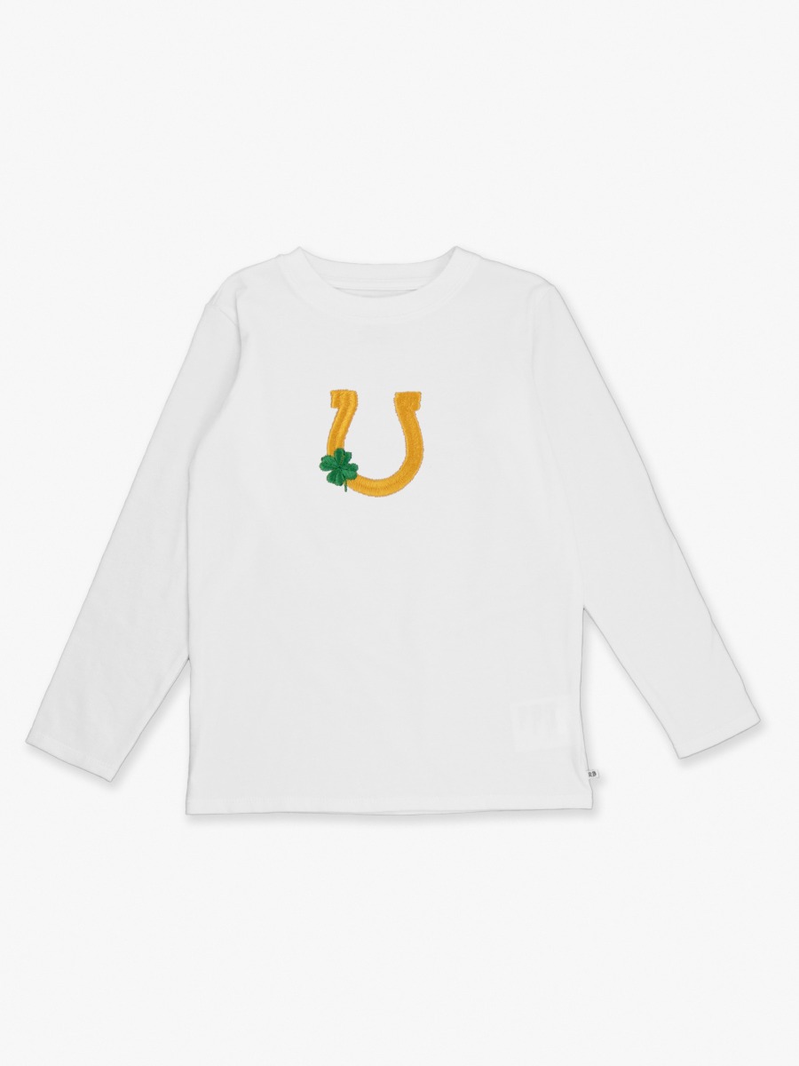 Line drawing of Lucky Horseshoe Embroidered White Long Sleeve Basic Tee. A dotted circle indicates the approximate location for personalization.