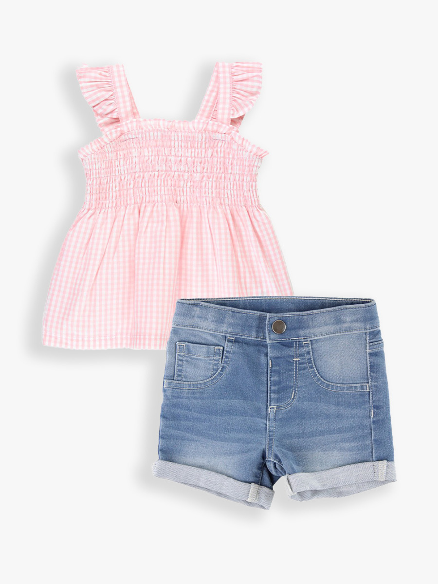 Pink Gingham Tank Top & Denim Shorts