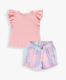 Baby Pink Butterfly Sleeve Top & Cotton Candy Woven Shorts