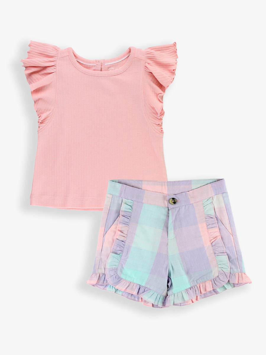Kids Pink Butterfly Sleeve Top & Cotton Candy Woven Shorts