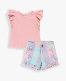 Kids Pink Butterfly Sleeve Top & Cotton Candy Woven Shorts