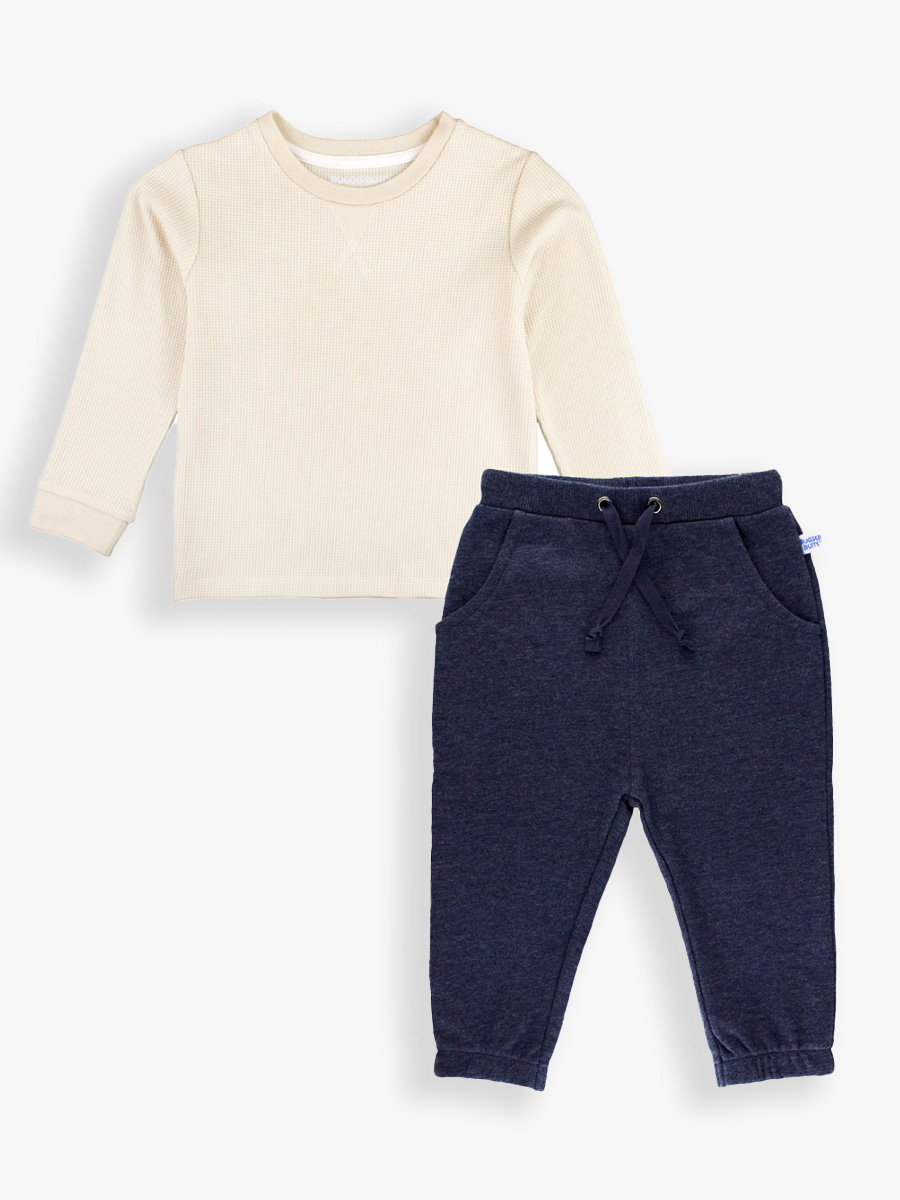 Boys Oatmeal Waffle Shirt & Heather Navy Joggers