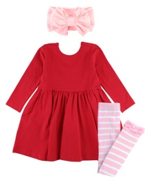 Red Twirl Dress & Pink Tights & Pink Big Bow Headband