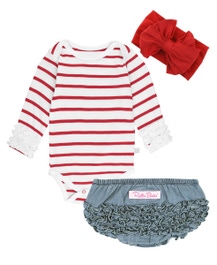 Red/White Stripe Layering Bodysuit & Light Wash Denim RuffleButt & Red Big Bow Headband