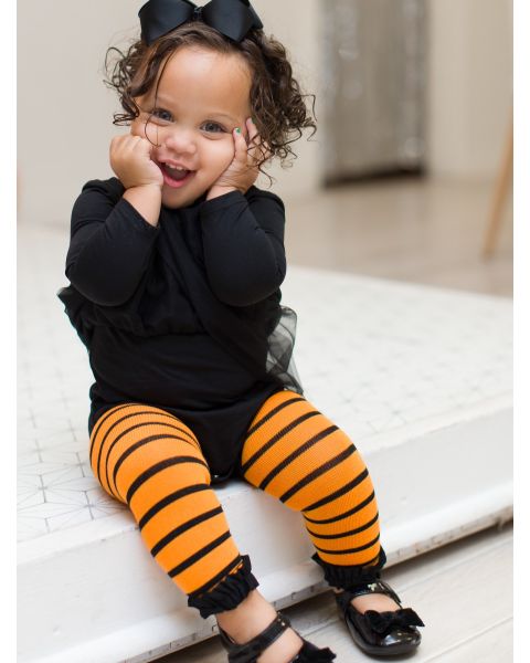 Orange Stripe Patterned Footless Tights