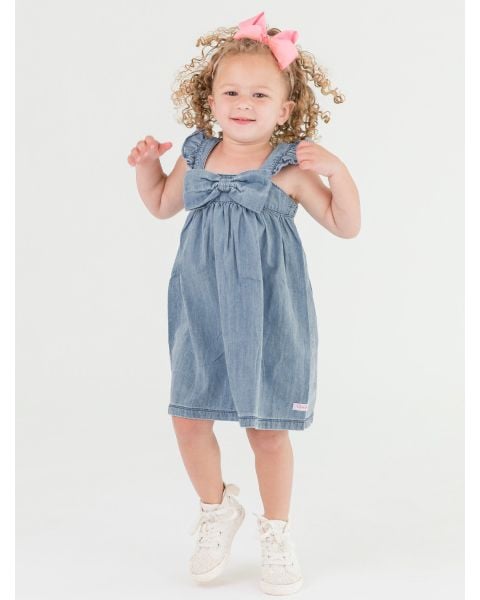 Light Wash Denim Flutter Bow Woven Dress