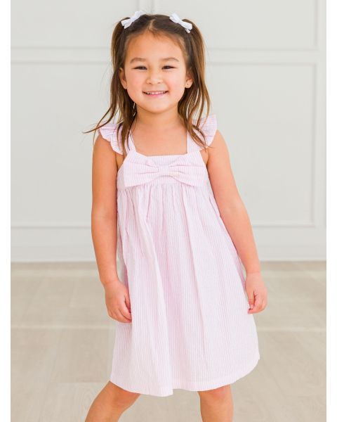 Pink Seersucker Flutter Bow Woven Dress