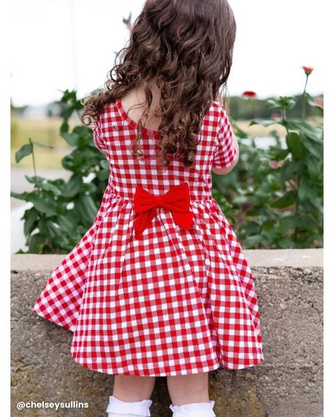 Red Gingham Knit Short Sleeve Twirl Dress
