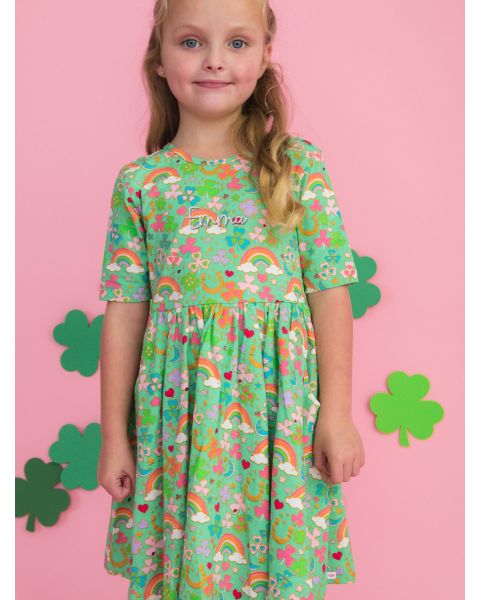 Green Lucky Day Knit Short Sleeve Twirl Dress