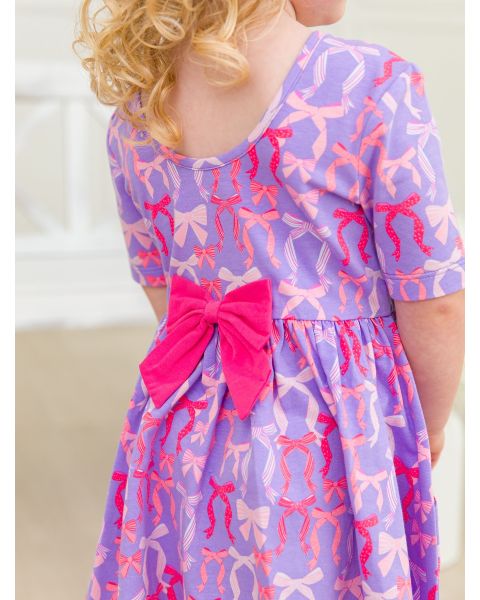 Rosy Ribbons Knit Short Sleeve Twirl Dress
