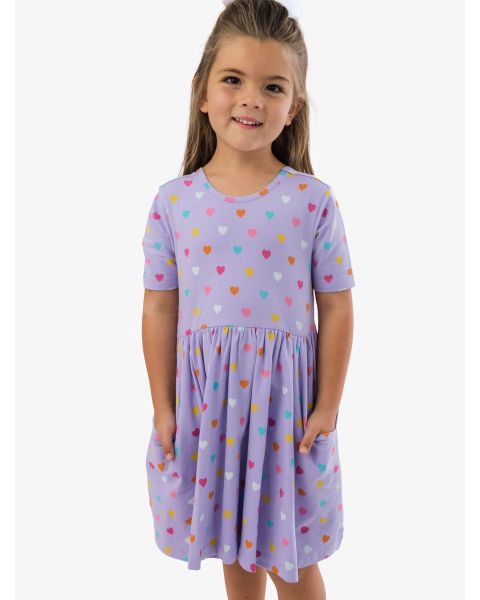 Lavender Colorful Hearts Knit Short Sleeve Twirl Dress
