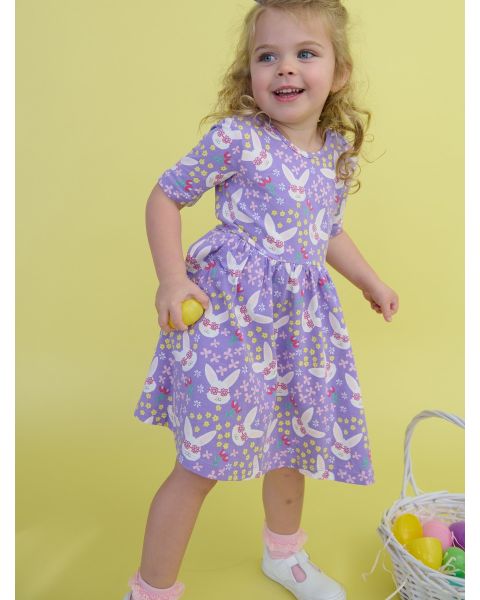 Purple Sunny Bunnies Knit Short Sleeve Twirl Dress