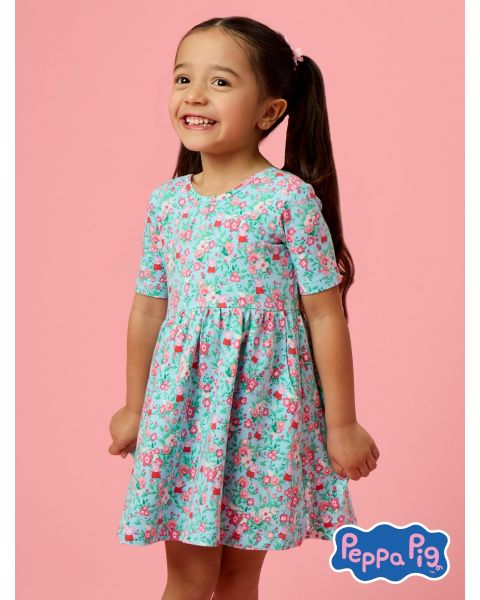 Blue Floral Peppa Pig Knit Short Sleeve Twirl Dress