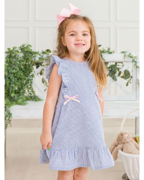 Classic Blue Seersucker Sleeveless Pinafore Bow Dress