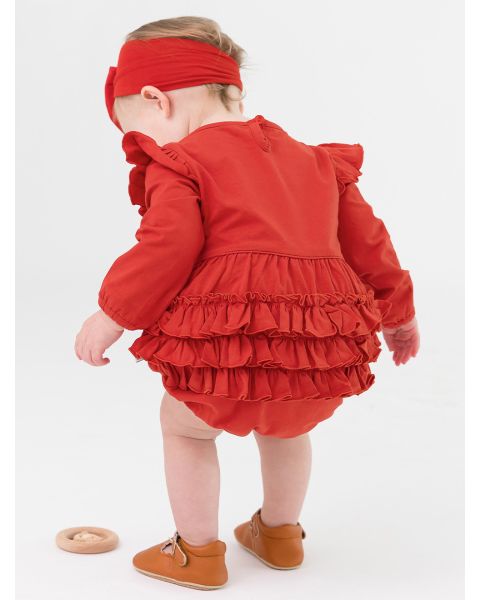 Red Knit Long Sleeve Flutter Bubble Romper