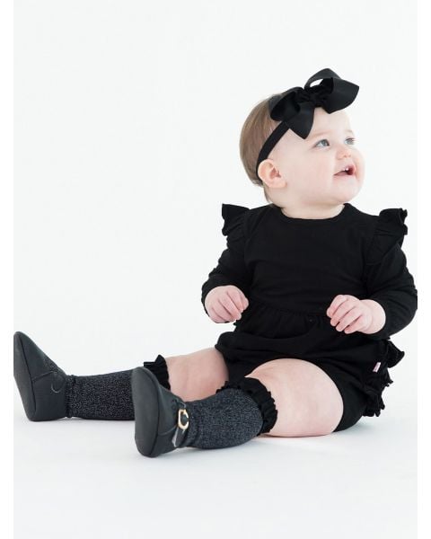 Black Knit Long Sleeve Flutter Bubble Romper