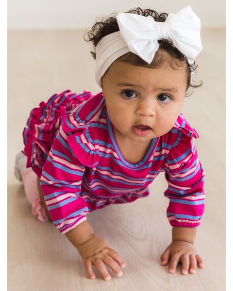 Very Berry & Periwinkle Blue Stripe Knit Long Sleeve Flutter Bubble Romper