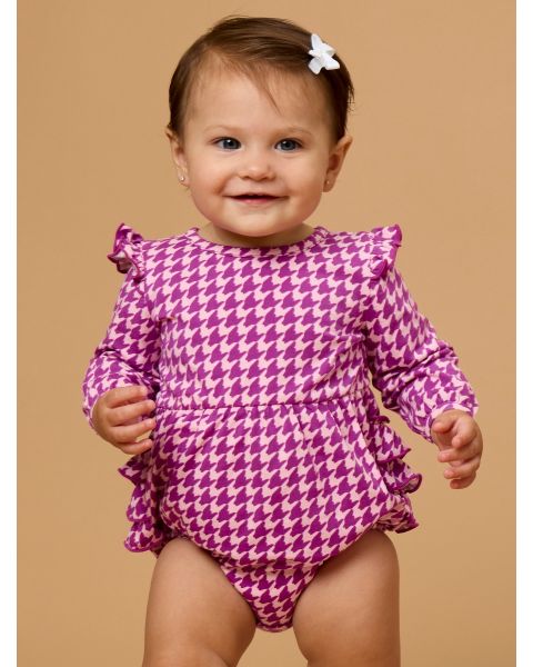 Plum Tart Houndstooth Knit Long Sleeve Flutter Bubble Romper