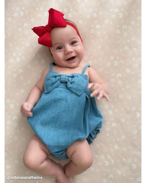 Light Wash Denim Bow Front Bubble Woven Romper