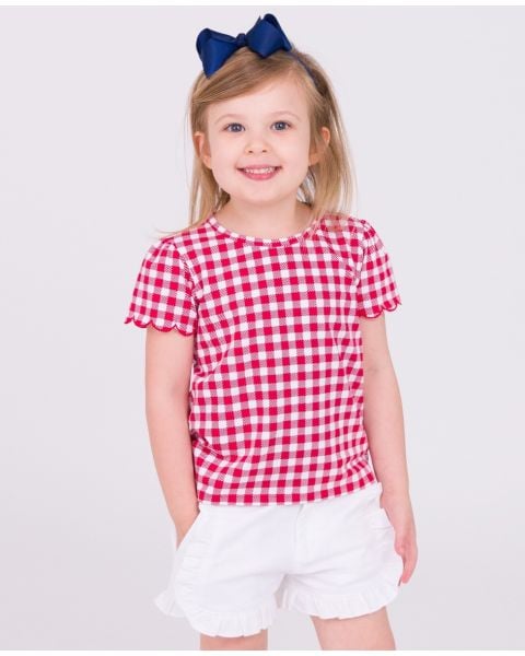Red Gingham Short Sleeve Scallop Tee