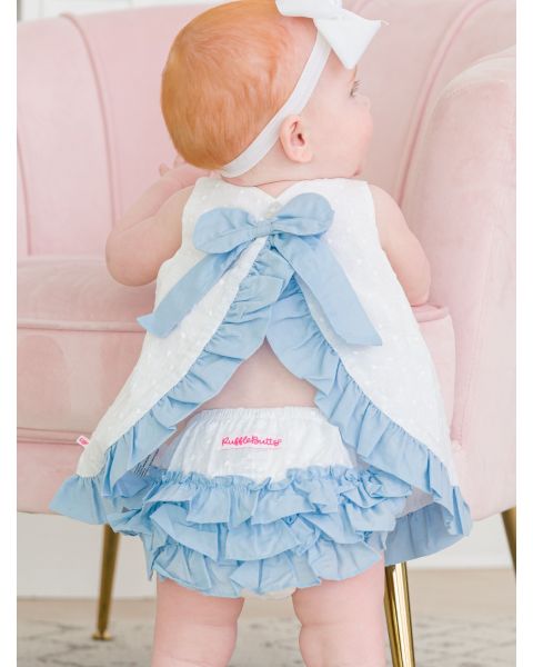 White & Light Blue Embroidered Dot Swing Top and Bloomer Set