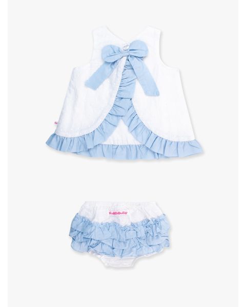 White & Light Blue Embroidered Dot Swing Top and Bloomer Set