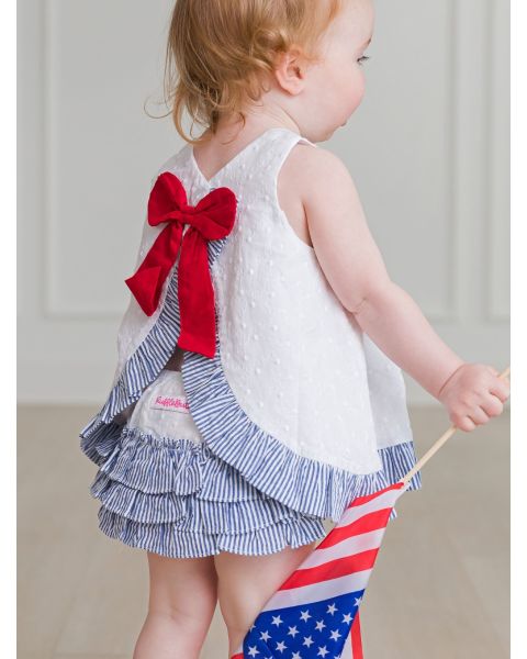 White & Classic Blue Seersucker Embroidered Dot Swing Top and Bloomer Set