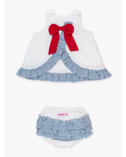 White & Classic Blue Seersucker Embroidered Dot Swing Top and Bloomer Set
