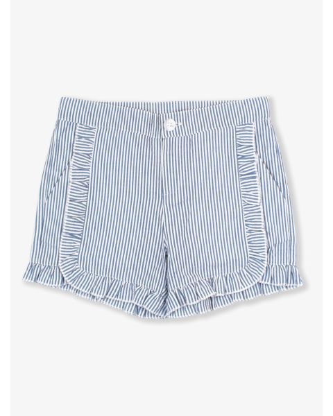 Classic Blue Seersucker Kids Ruffle Trim Woven Shorts