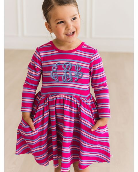 Very Berry & Periwinkle Blue Stripe Knit Long Sleeve Twirl Dress