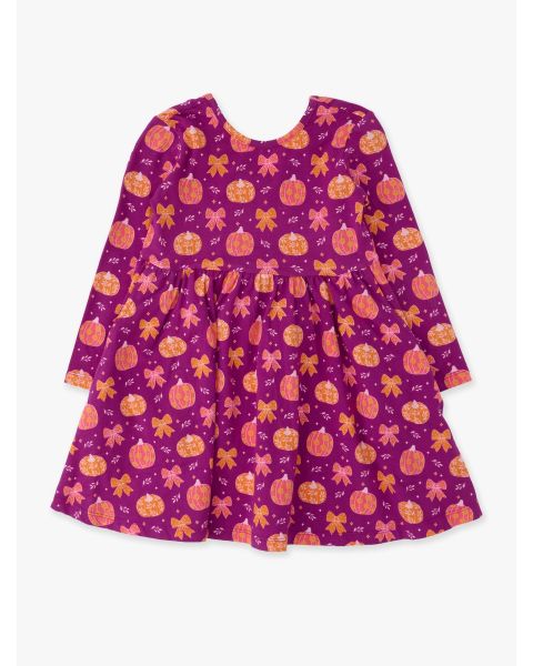 Pumpkin Bow Patch Knit Long Sleeve Twirl Dress