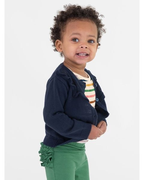 Dark Navy Sweater Knit Ruffle Trim Cardigan
