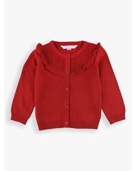 Classic Red Sweater Knit Ruffle Trim Cardigan